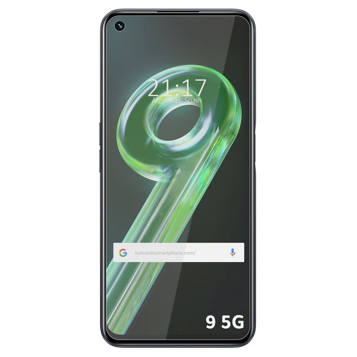 Pantalla de smartphone mostrando hora y ubicación. Incluye barra de búsqueda de Google e iconos.