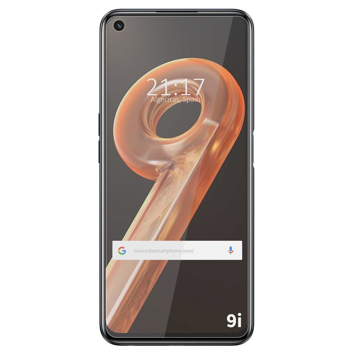 Un smartphone con una imagen abstracta naranja en la pantalla, visualización de la hora y texto 9i.