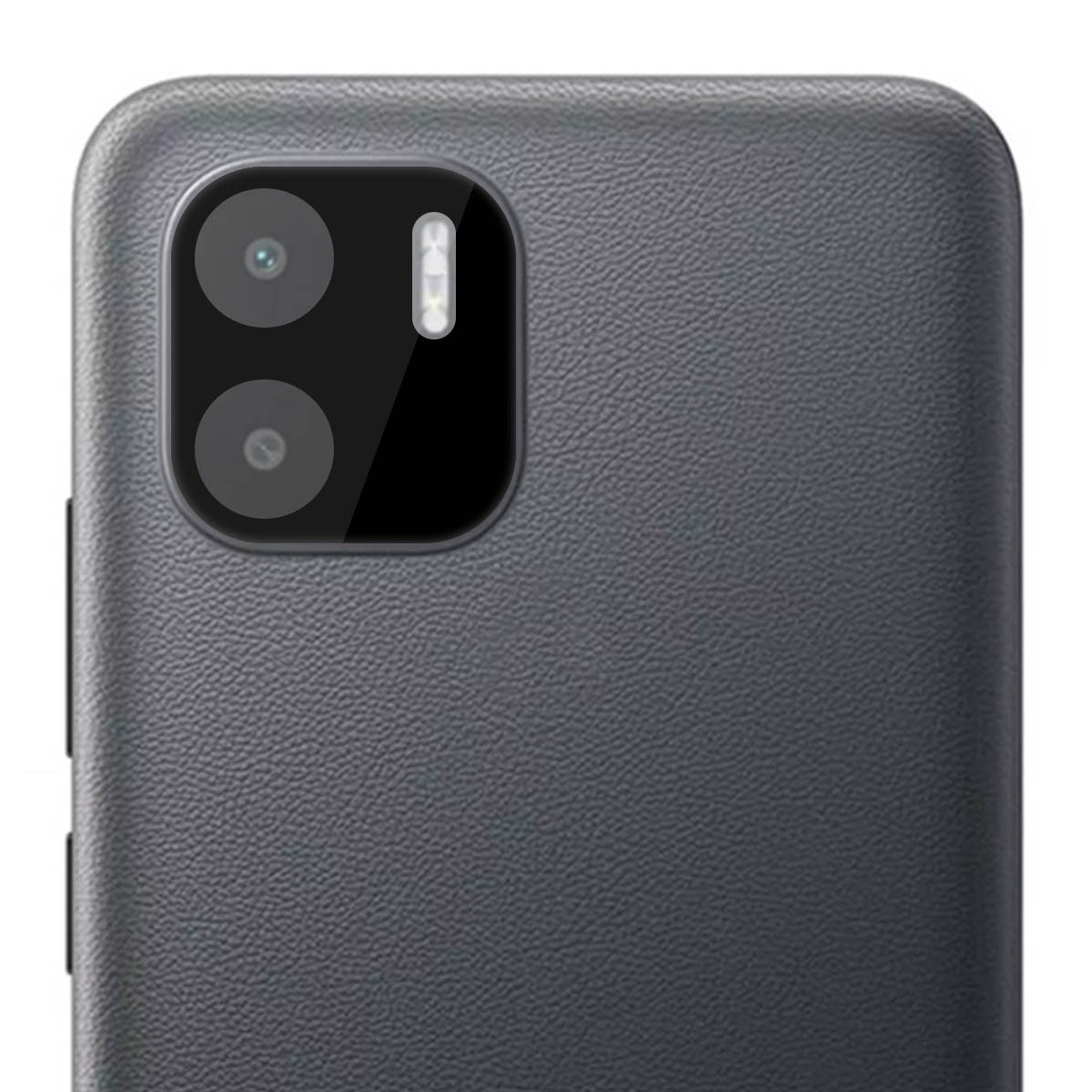Primer plano del módulo de la cámara trasera de un smartphone. Dos lentes y un flash visibles.