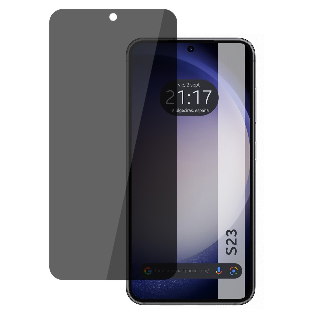Telefono e protezione schermo. Il telefono mostra ora e data. Il modello è S23. Protezione a sinistra.