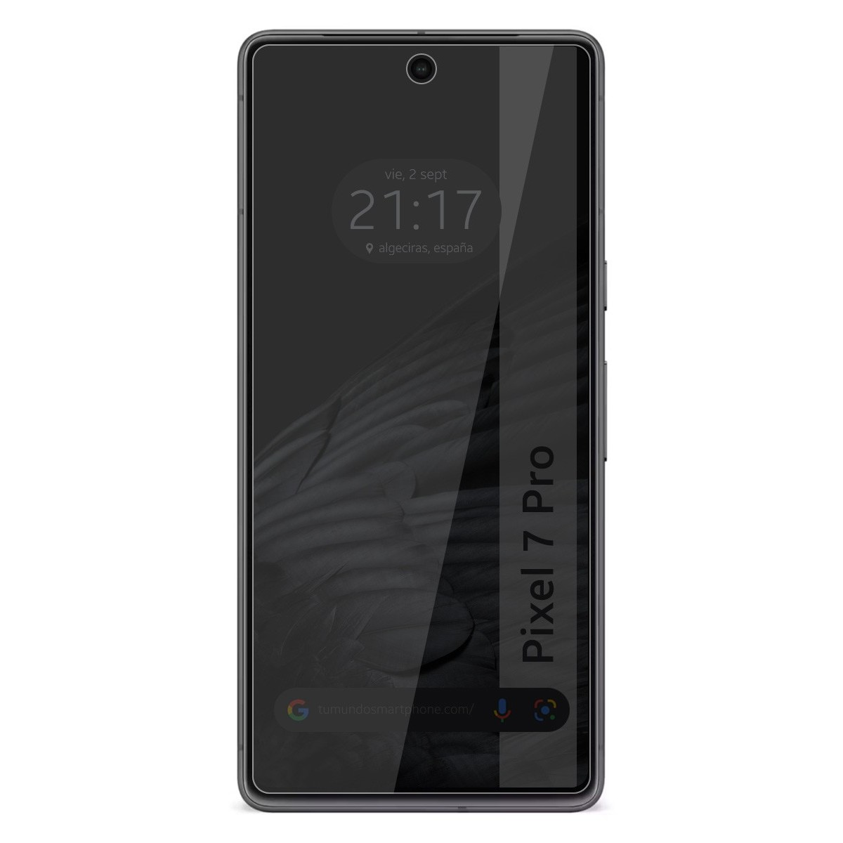 Pantalla del teléfono Pixel 7 Pro mostrando la hora, fecha y sitio web.