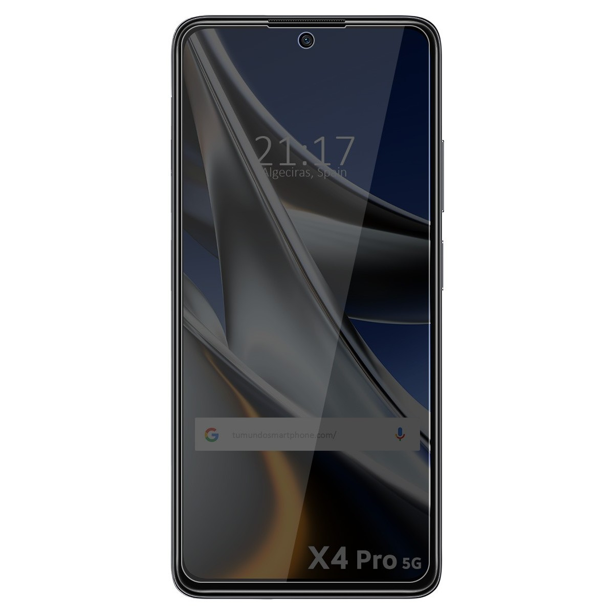 Smartphone con protezione schermo. Mostra ora e posizione.