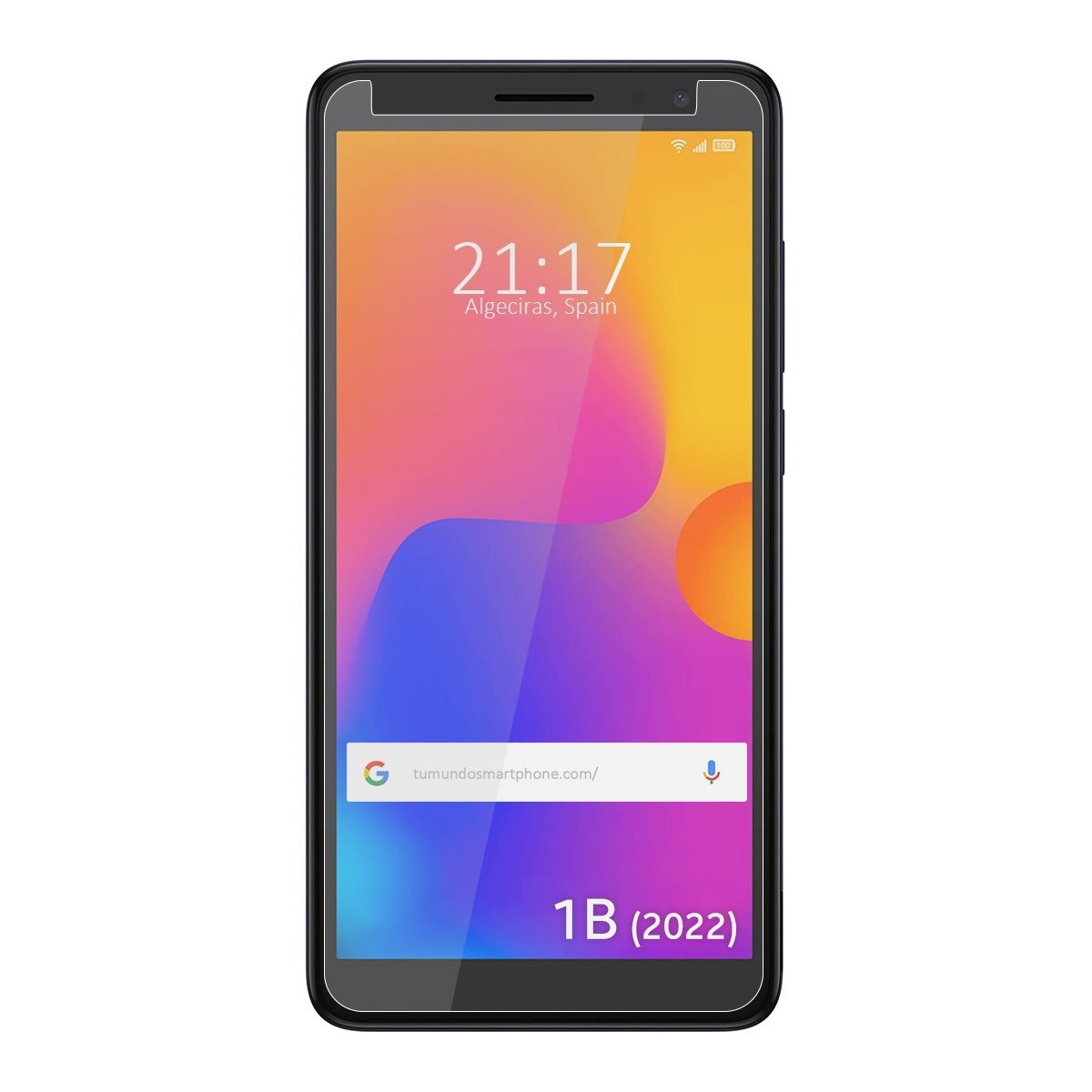 Smartphone con protector de pantalla. La pantalla muestra hora y ubicación.