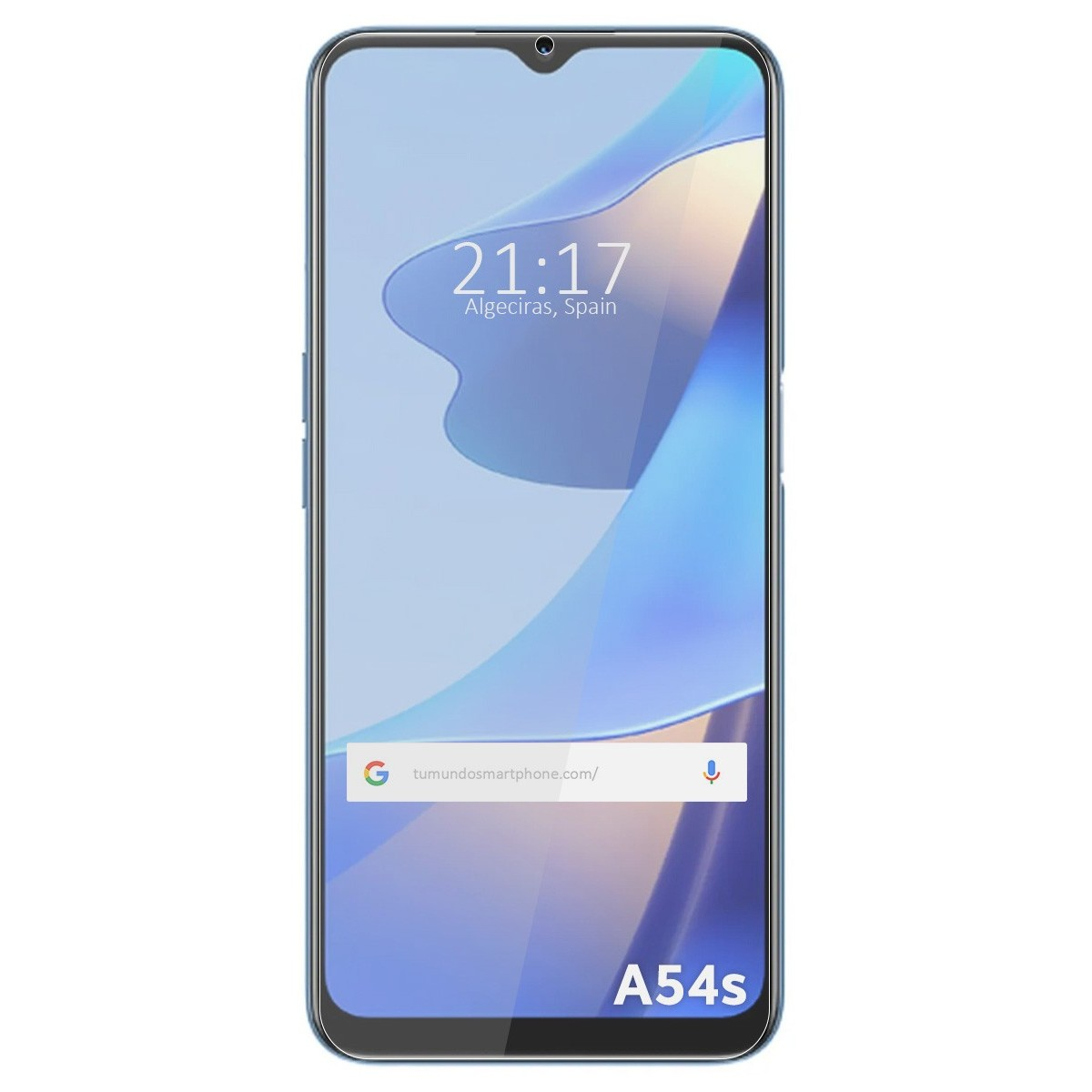 Schermo del telefono, ora e data visualizzate. Etichetta A54s. Telefono blu.