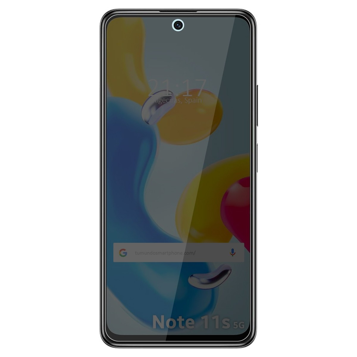 Schermo del telefono con protezione. Ora: 21:17, algeciras, spagna. Note 11s 5G.