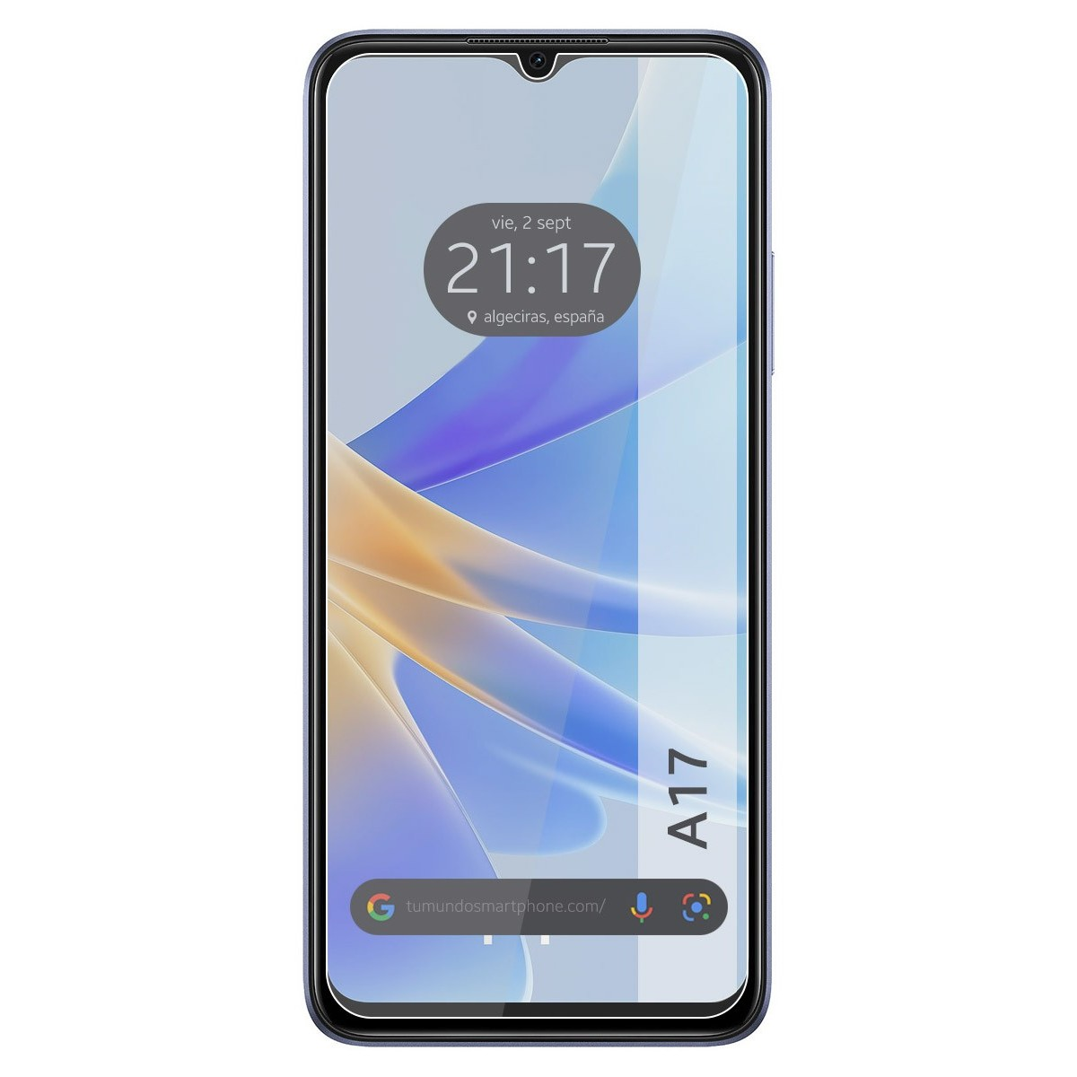 Schermo del telefono A17, con una protezione schermo davanti.