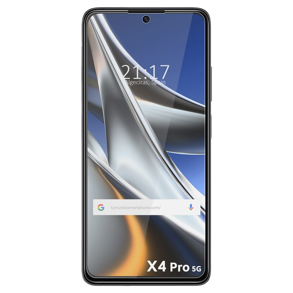 Un telefono che mostra l'ora e l'etichetta X4 Pro 5G. Lo schermo ha un design astratto in argento e arancione.