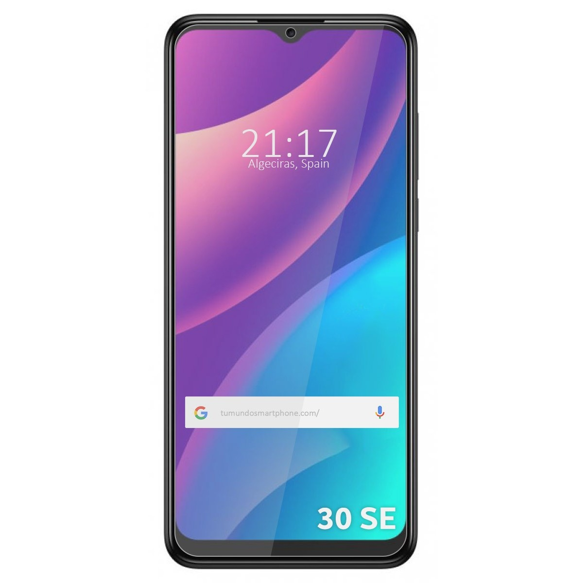 Smartphone che mostra l'ora, con schermo viola-blu. Testo: 30 SE.