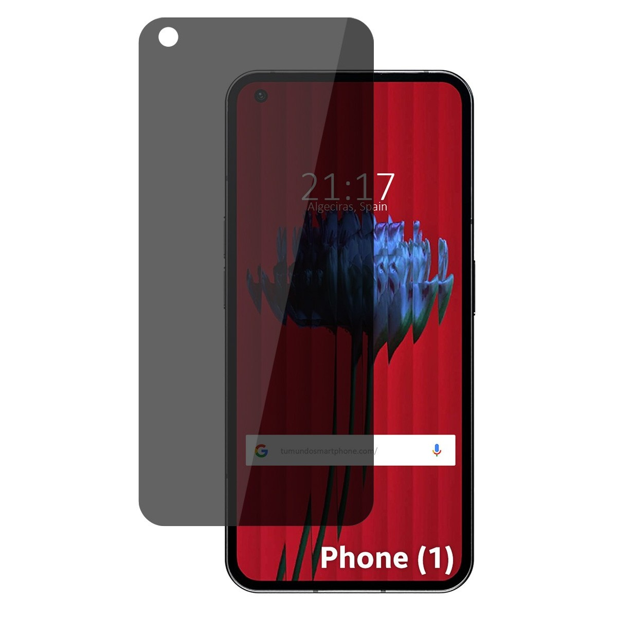 Uno schermo del telefono con un design sfocato e il testo 'Phone (1)'. C'è una protezione per lo schermo davanti.