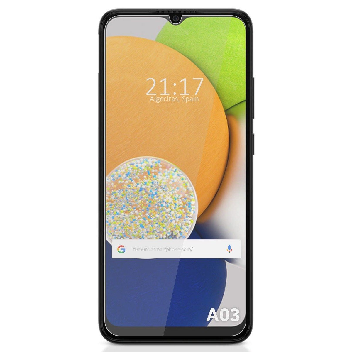 Uno schermo di smartphone che mostra un'ora e una posizione. Il testo è 'A03'.