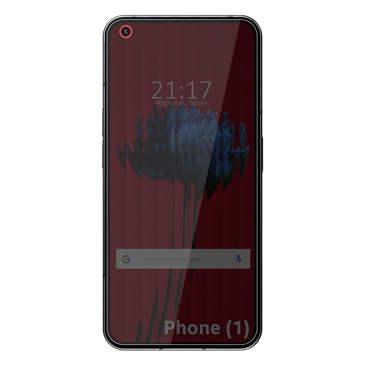 Uno schermo del telefono che mostra l'ora e la data, con sfondo floreale e l'etichetta Phone (1).