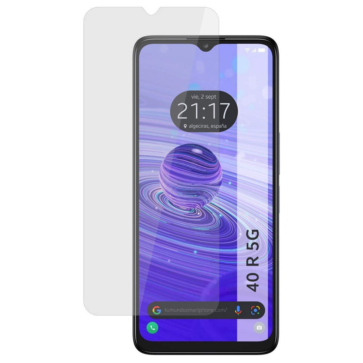 Schermo del telefono 40 R 5G con protezione schermo, che mostra l'ora e un design viola.