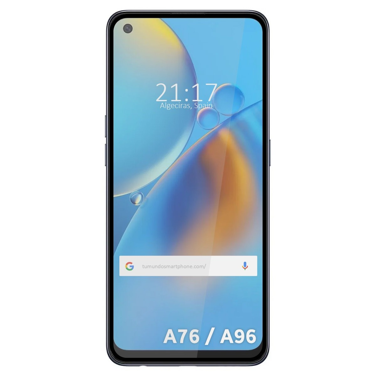 Un smartphone con protector de pantalla. La pantalla muestra un reloj y el texto A76 / A96.