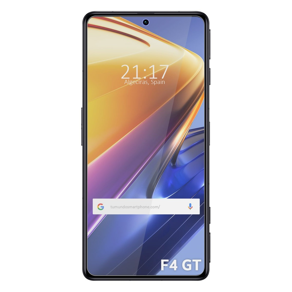 Telefono con protezione schermo. Il display mostra ora e posizione. Testo 'F4 GT'.