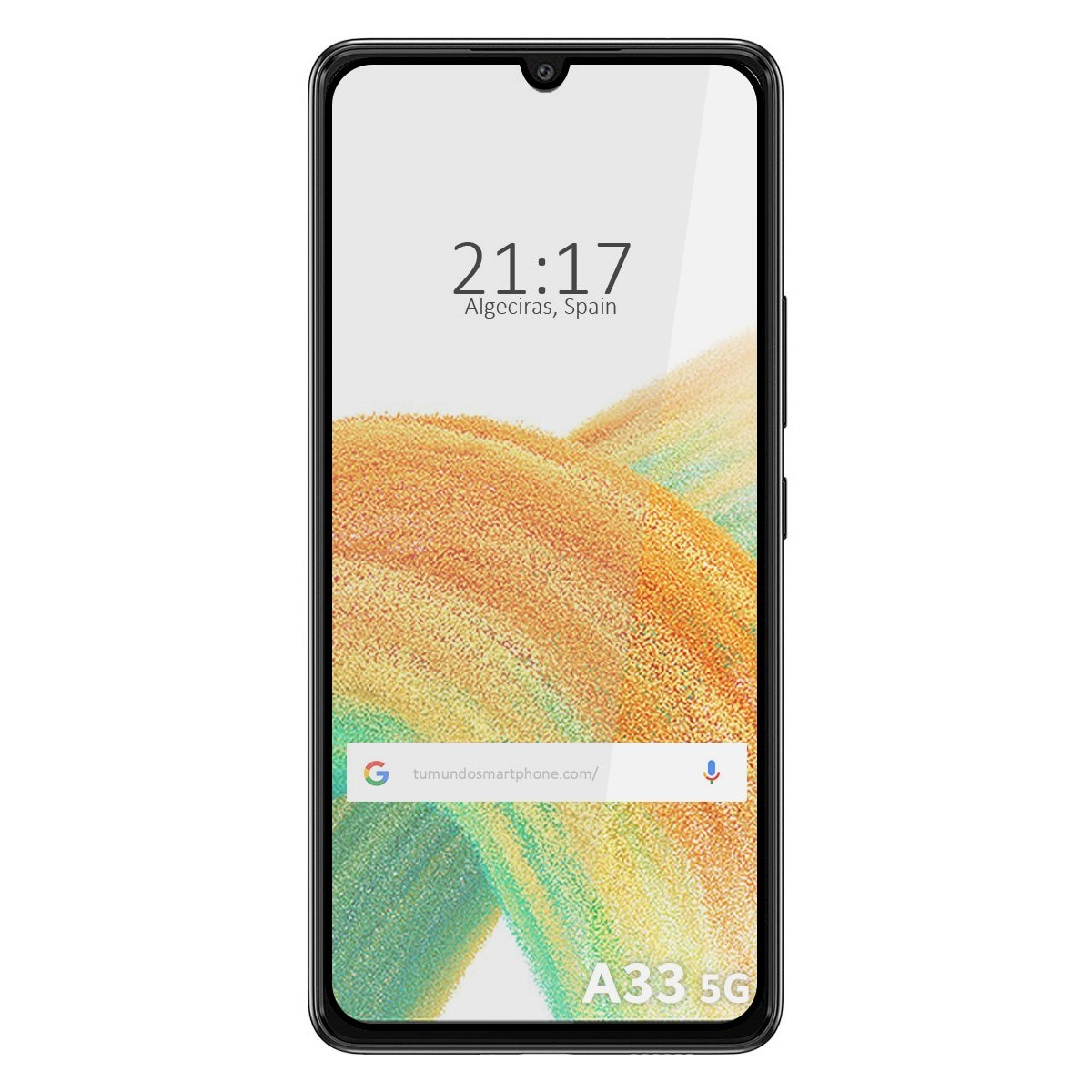 Smartphone che mostra ora, data e modello 'A33 5G' sullo schermo.