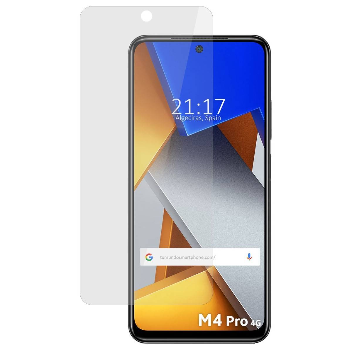 Telefono M4 Pro 4G con protezione schermo, mostra ora e sito web.