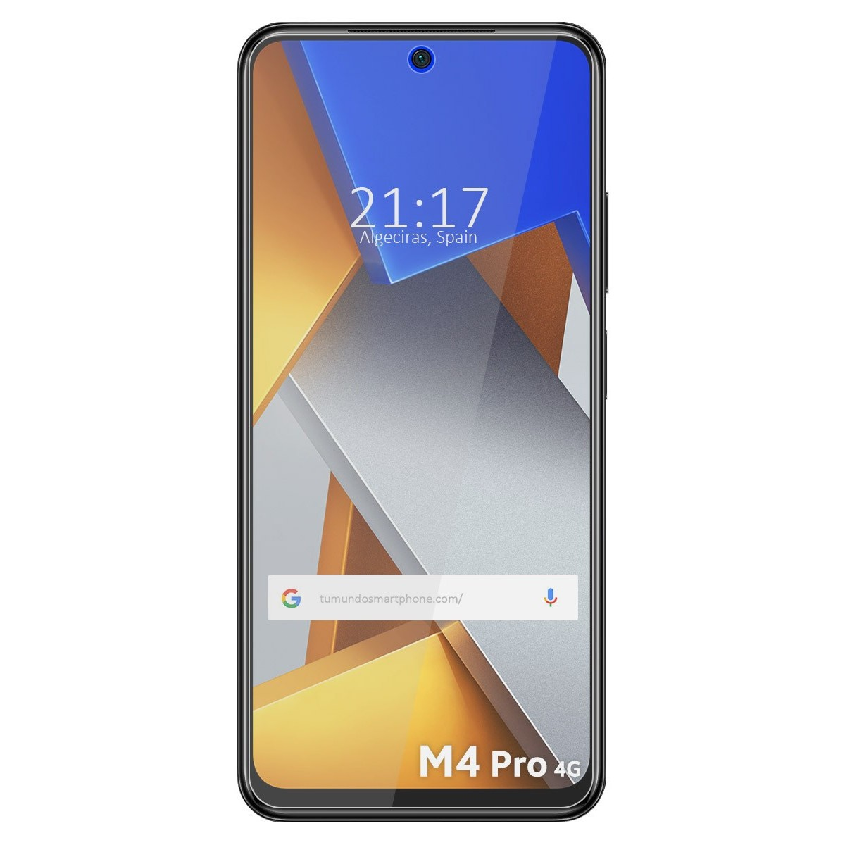 Schermo del telefono con ora e posizione, e il testo 'M4 Pro 4G'. Lo schermo è giallo.