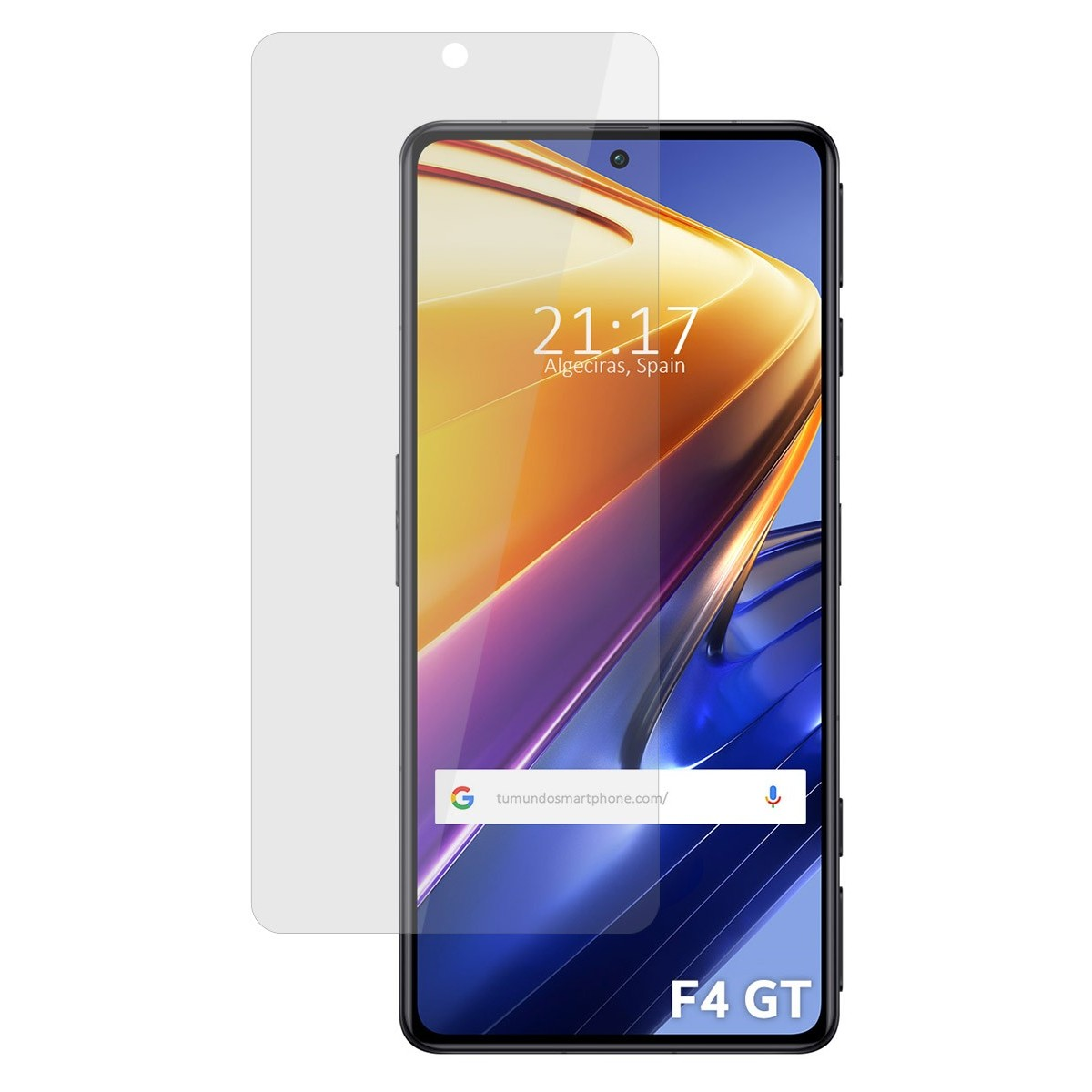 Uno smartphone con protezione schermo. Lo schermo mostra un orologio e il testo F4 GT.