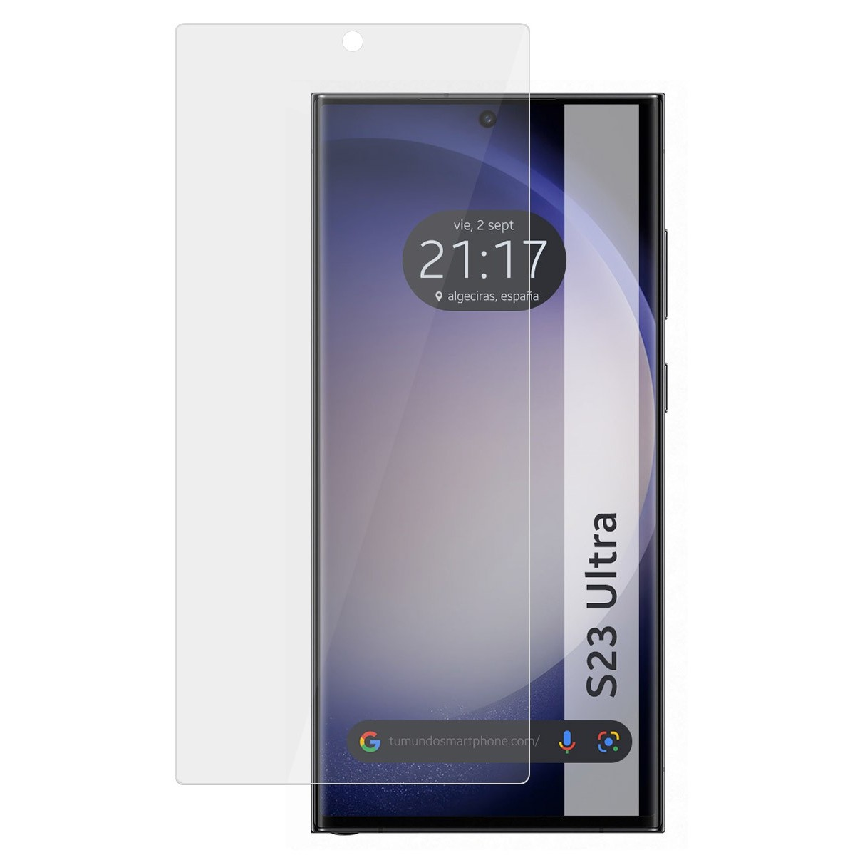 Smartphone con protector de pantalla. Pantalla negra, visualización de hora y texto S23 Ultra.