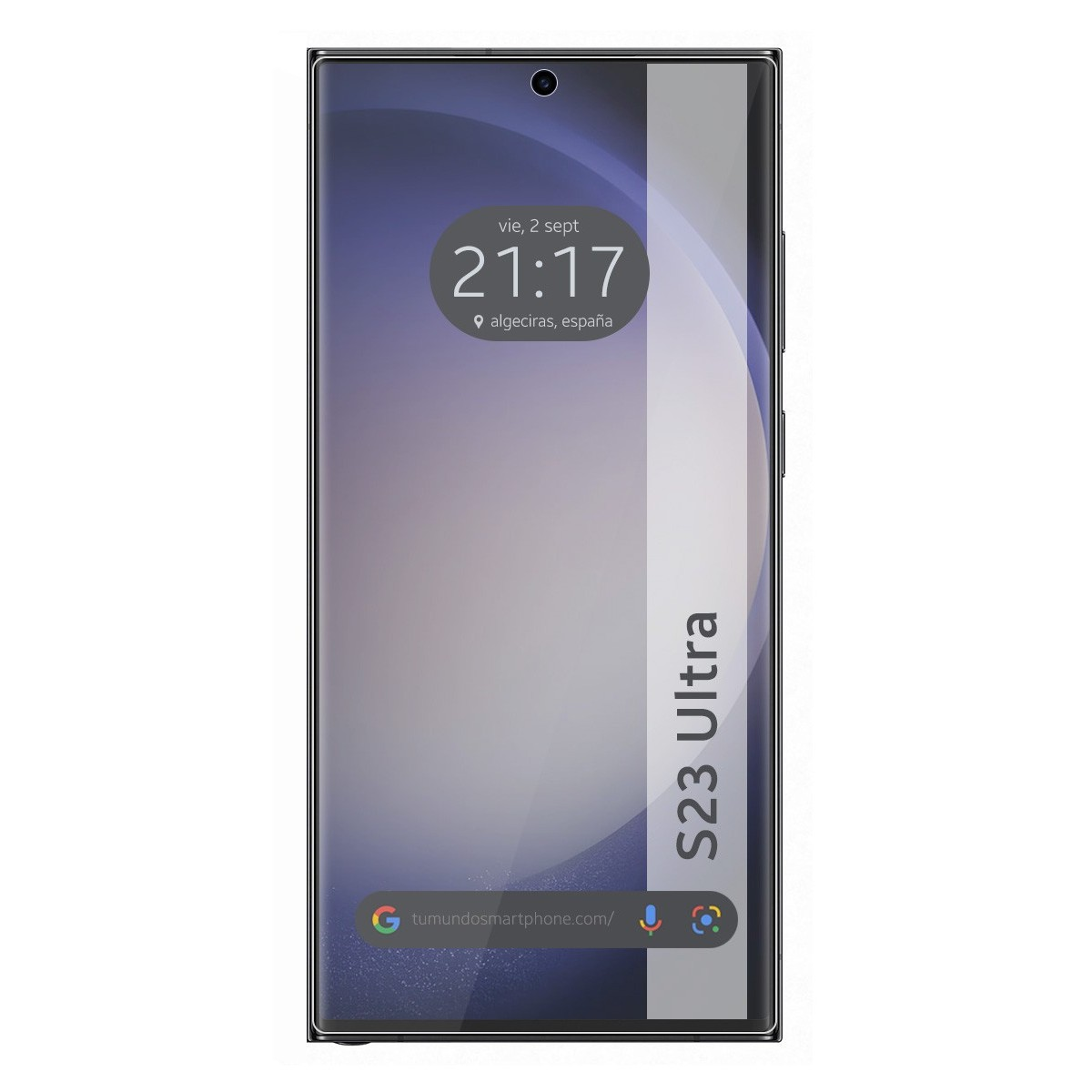 Un smartphone mostrando la hora: vie, 2 sept 21:17, con texto S23 Ultra, y un fondo colorido.