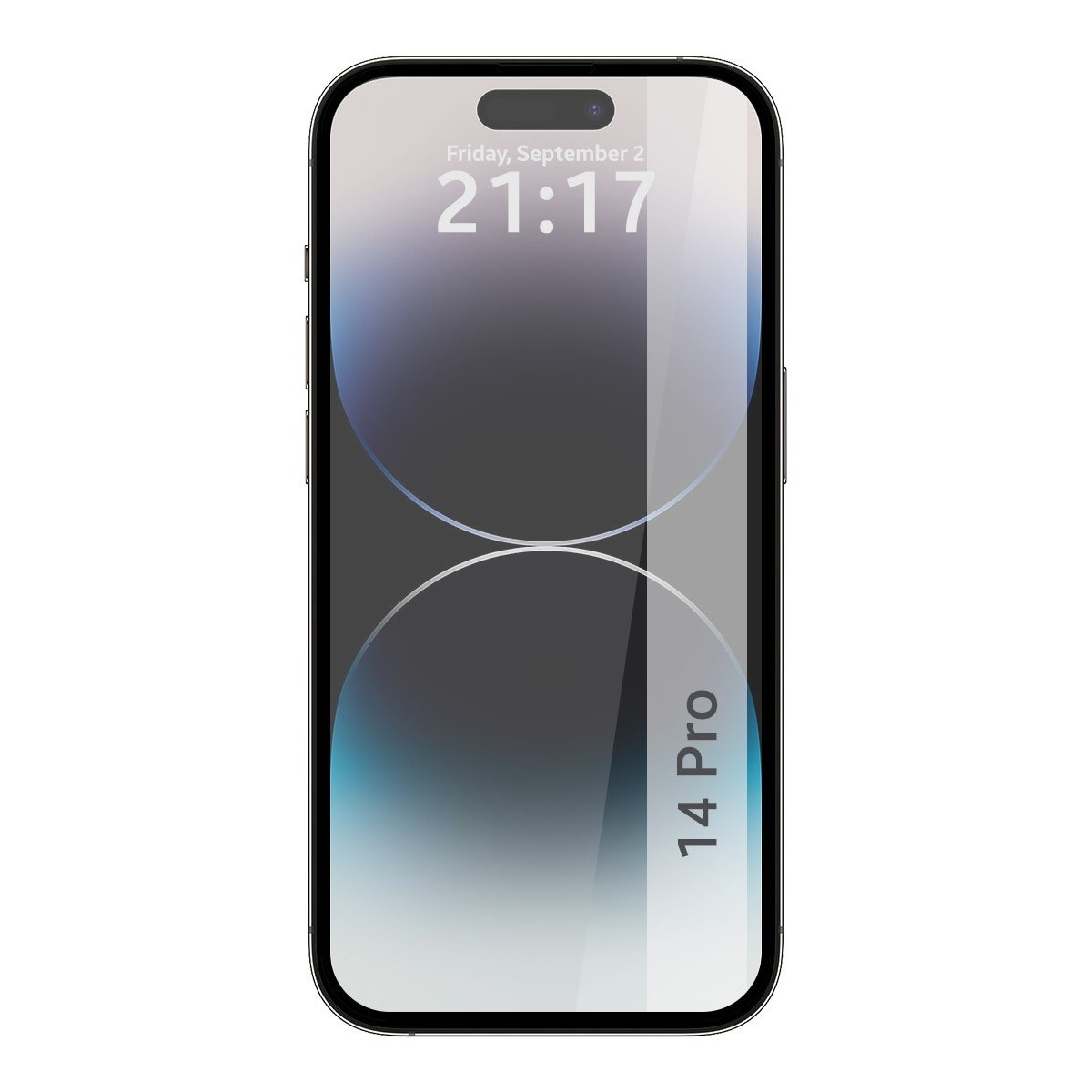 iPhone 14 Pro nero, schermo con ora e data. Pellicola protettiva trasparente applicata.