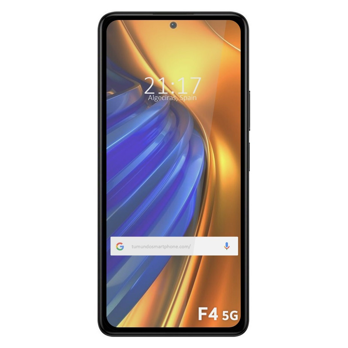Smartphone con protezione schermo. Il display mostra ora, posizione e un indirizzo web. Sfondo bianco.