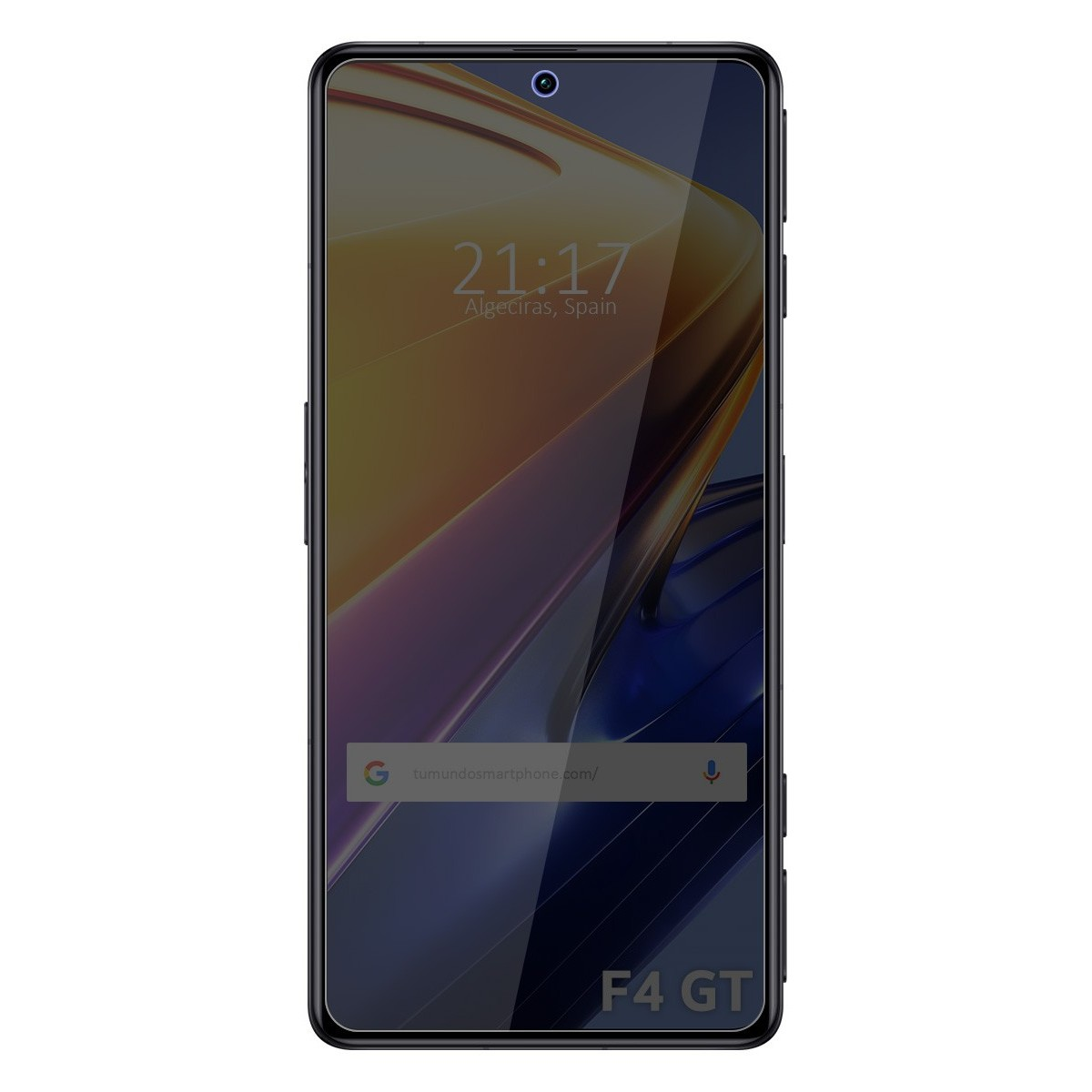 Schermo smartphone con protezione. Mostra ora, luogo e modello F4 GT. La protezione è trasparente.