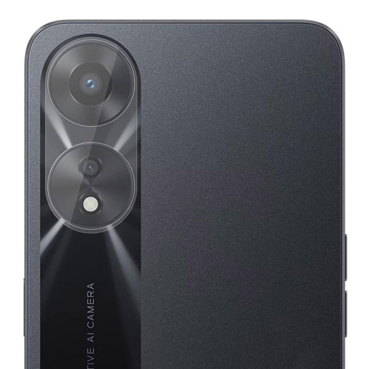 Un primo piano di un telefono nero con due obiettivi e un flash.