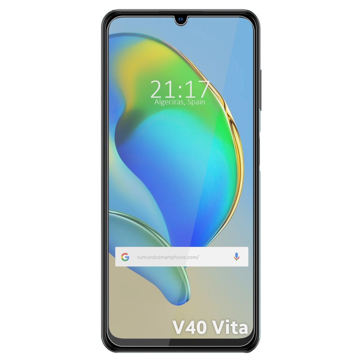 Telefono con scena blu e verde. Ora e data visualizzate. Modello V40 Vita.
