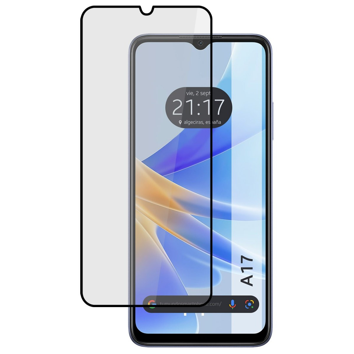 Telefono A17 con protezione schermo. Mostra ora, data. Barra sito in basso.