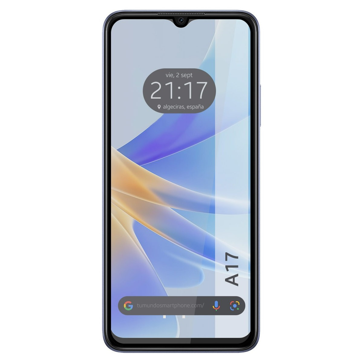 Smartphone A17. Display mostra ora e sito web, con sfondo azzurro. Cornice blu scuro.