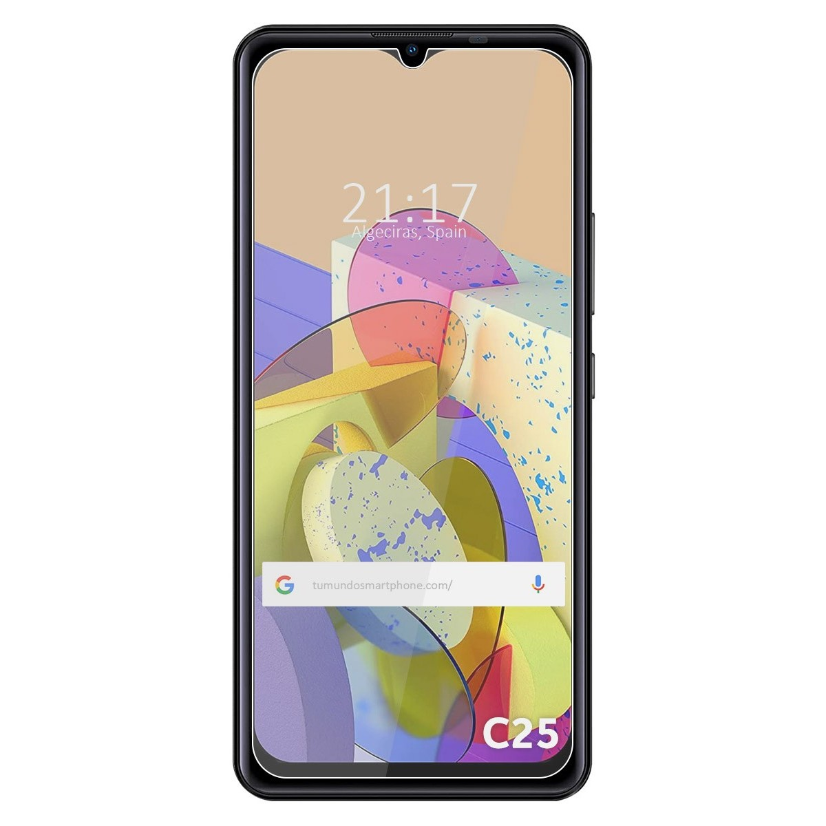 Teléfono con pantalla mostrando hora y fecha, con formas coloridas. Es C25.
