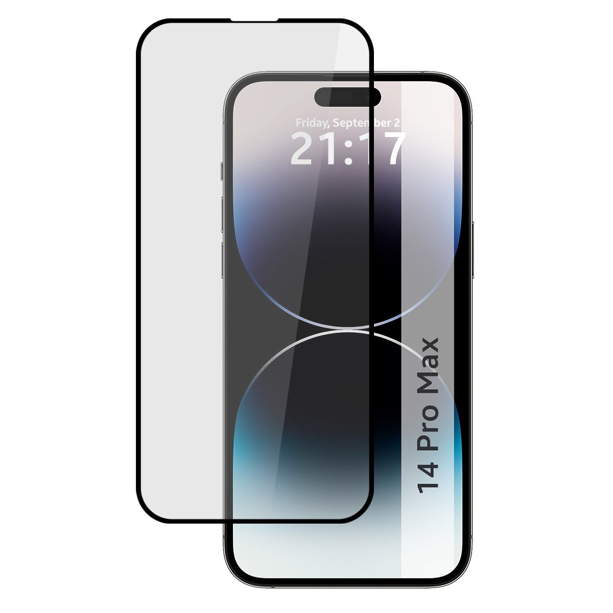 Un telefono con protezione schermo. Lo schermo mostra un orario e un indirizzo web.