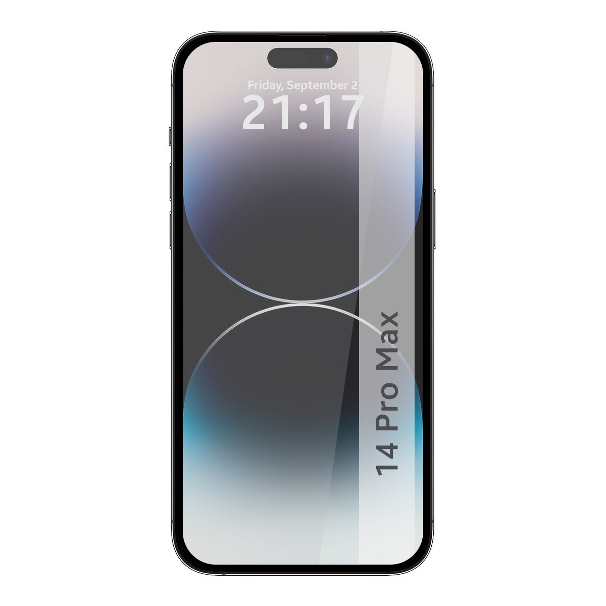 Smartphone 14 Pro Max con protezione schermo. Mostra data, ora e sfumatura blu-viola.