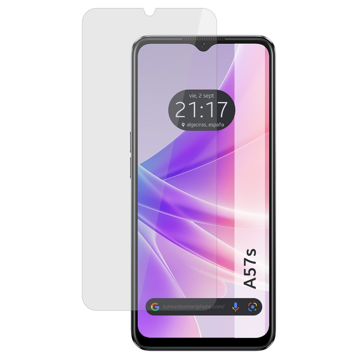 Schermo dello smartphone con protezione, che mostra ora, data e posizione: Algeciras, Spagna.