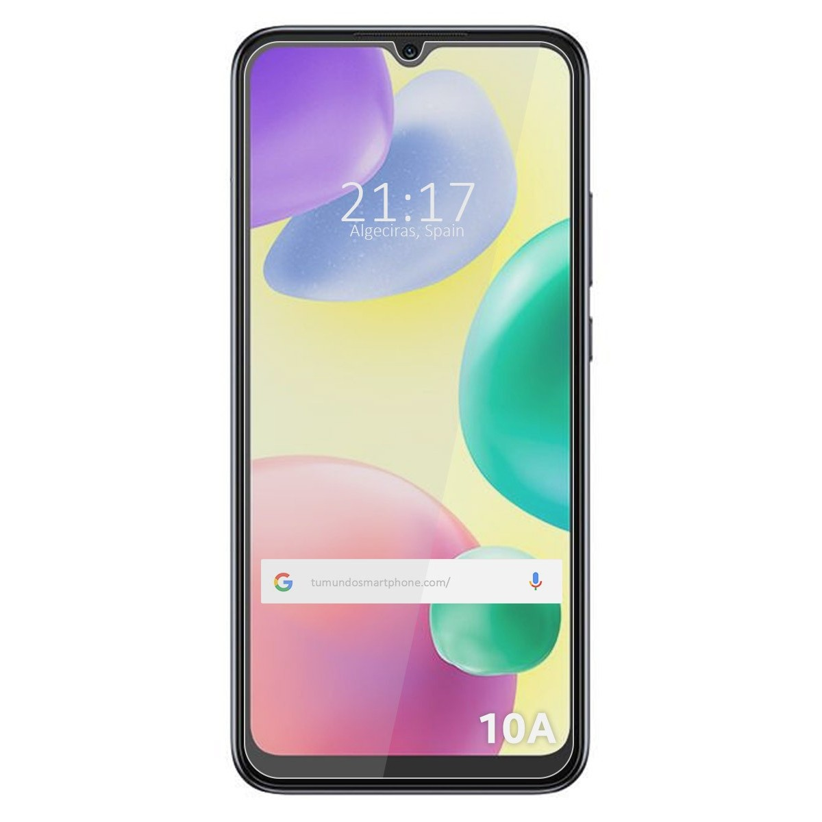 Smartphone con sfondo colorato. Lo schermo mostra l'ora e la posizione.