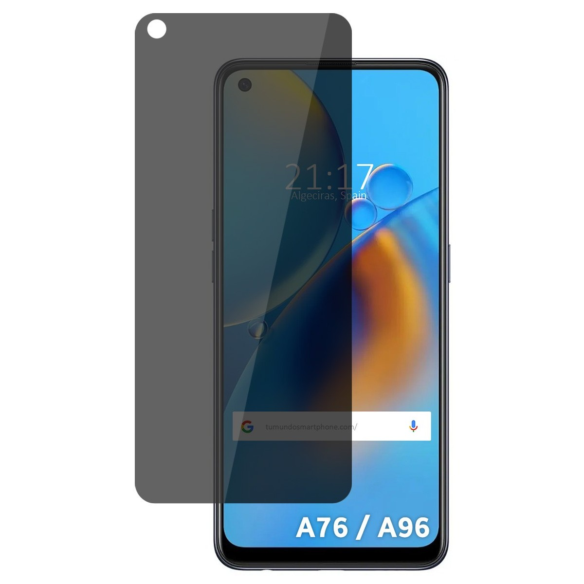 Smartphone con protezione schermo privacy. Schermo mostra ora, data e bolle blu. Testo A76 / A96.
