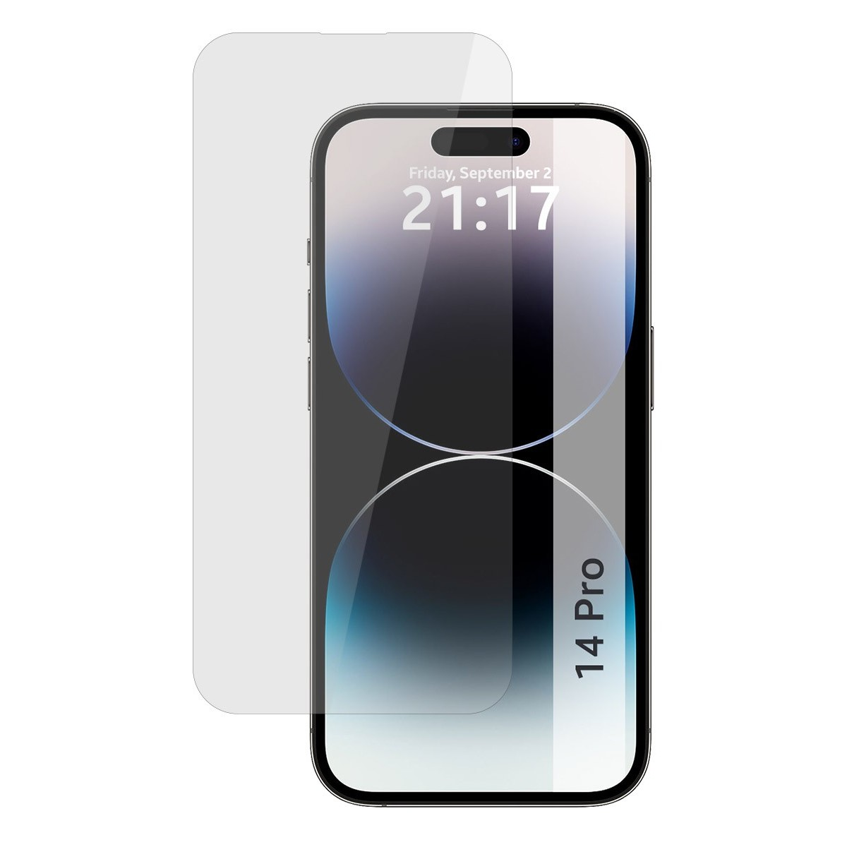 iPhone 14 Pro con protector de pantalla. Muestra la hora y fecha.