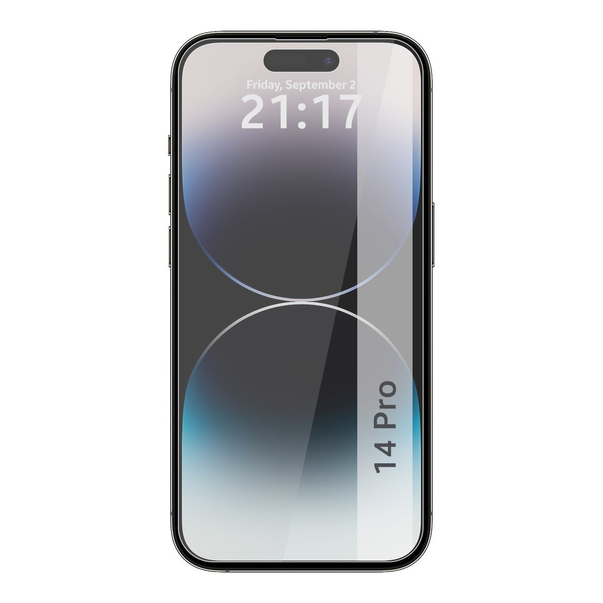 Smartphone 14 Pro con pantalla mostrando hora y fecha. El teléfono tiene un marco negro.