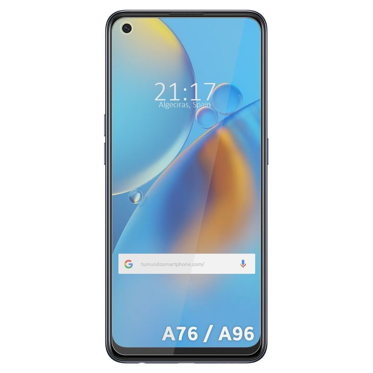 Smartphone su sfondo bianco, che mostra ora e posizione. Il telefono è nero. Testo in basso: A76 / A96.