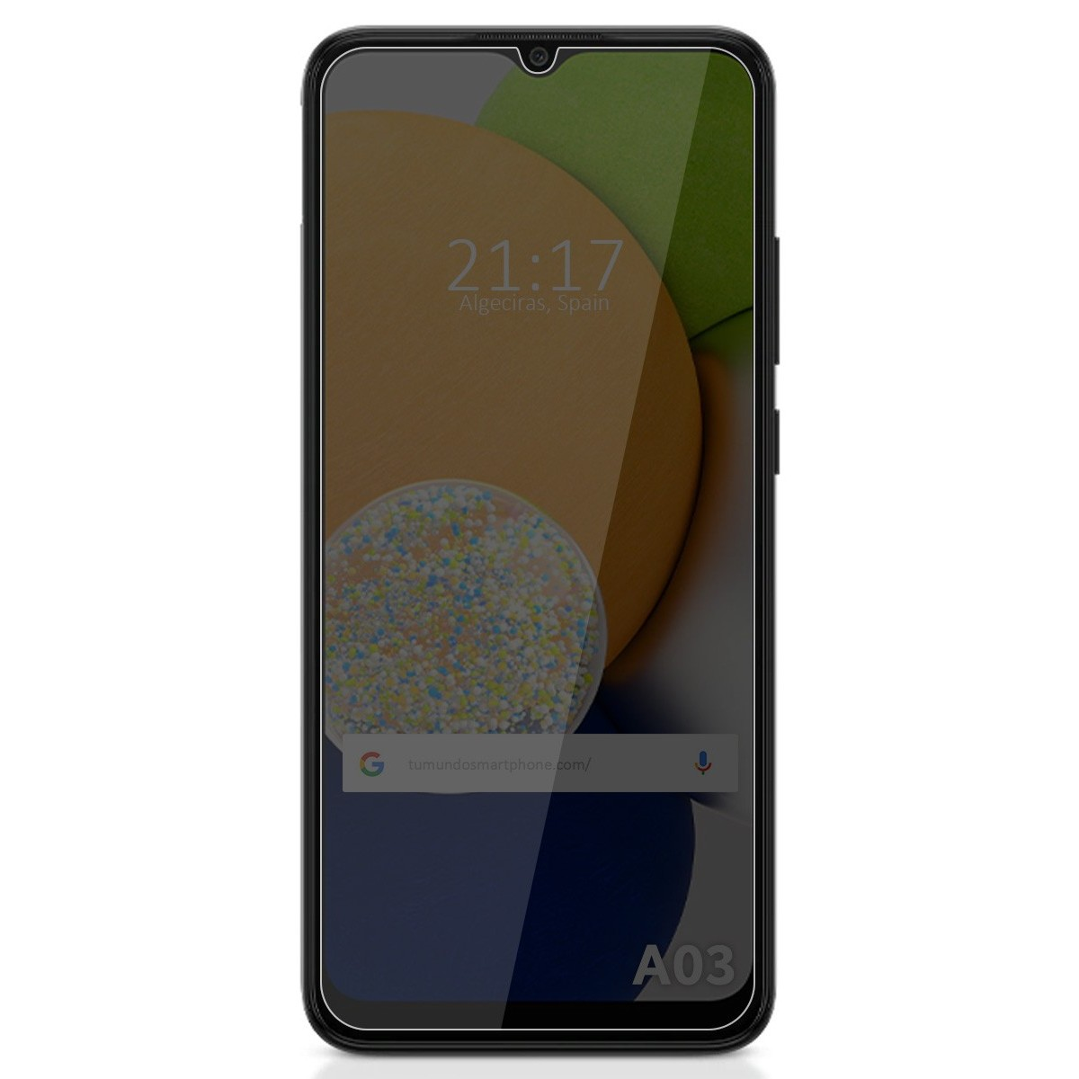 Un smartphone negro. La pantalla muestra una pantalla de bloqueo con hora, ubicación y una barra de búsqueda.