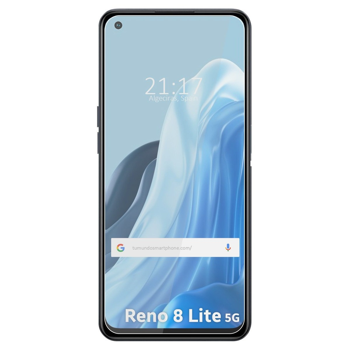 Schermo del telefono con ora, sito web e Reno 8 Lite 5G in basso.