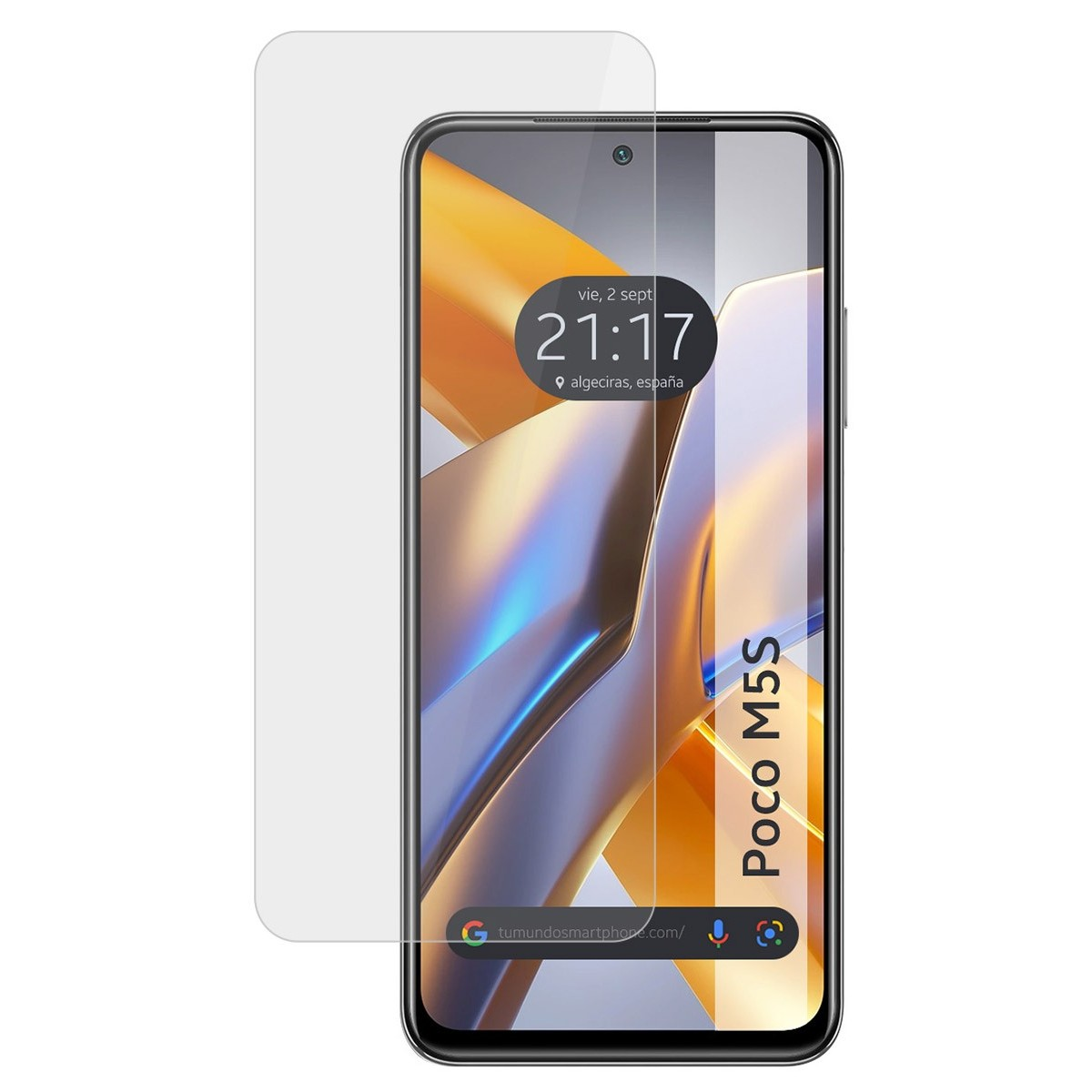 Smartphone con protezione schermo. Lo schermo mostra un design con colori giallo e arancione.