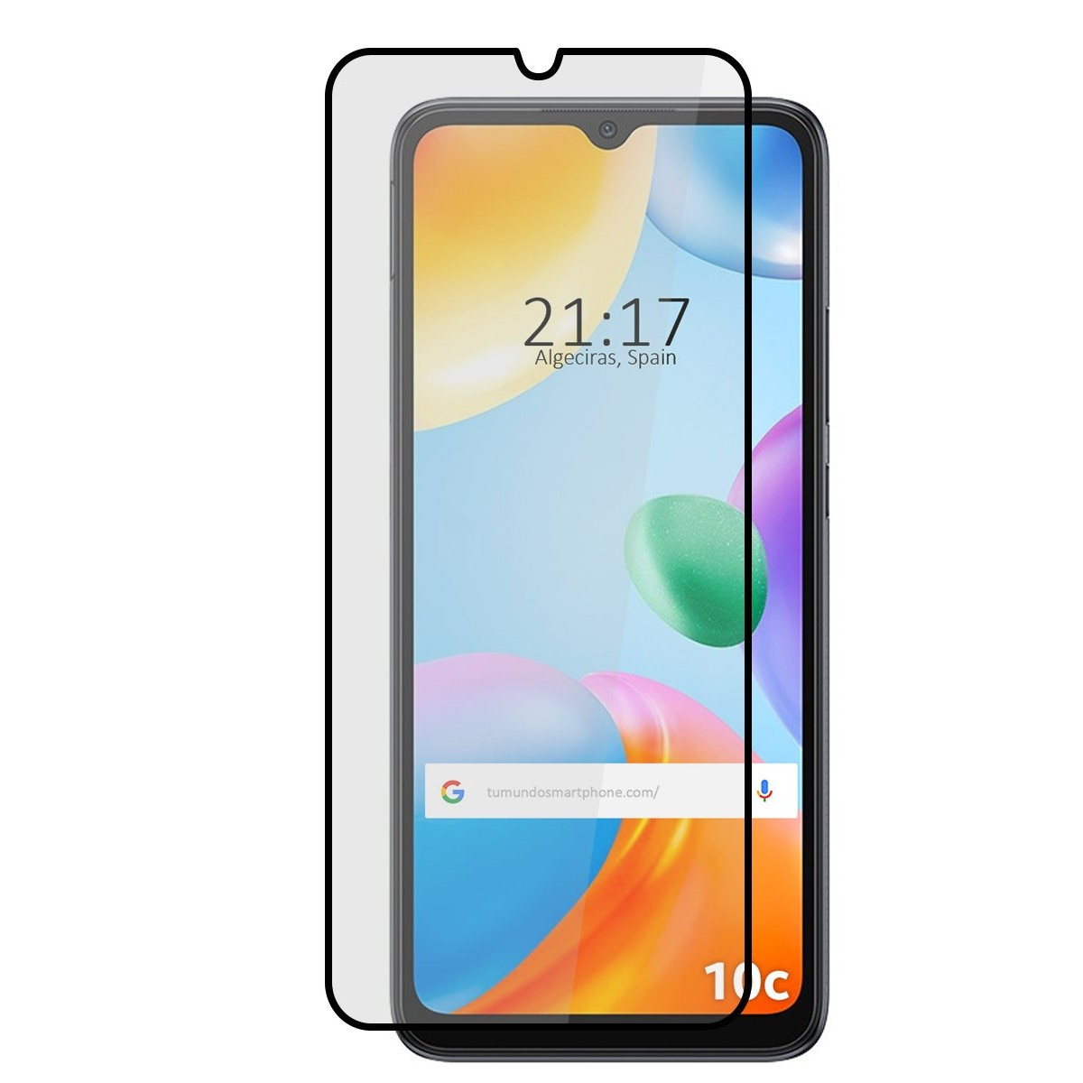 Smartphone con protezione schermo, ora, sito web ed etichetta 10c, sfondo colorato.