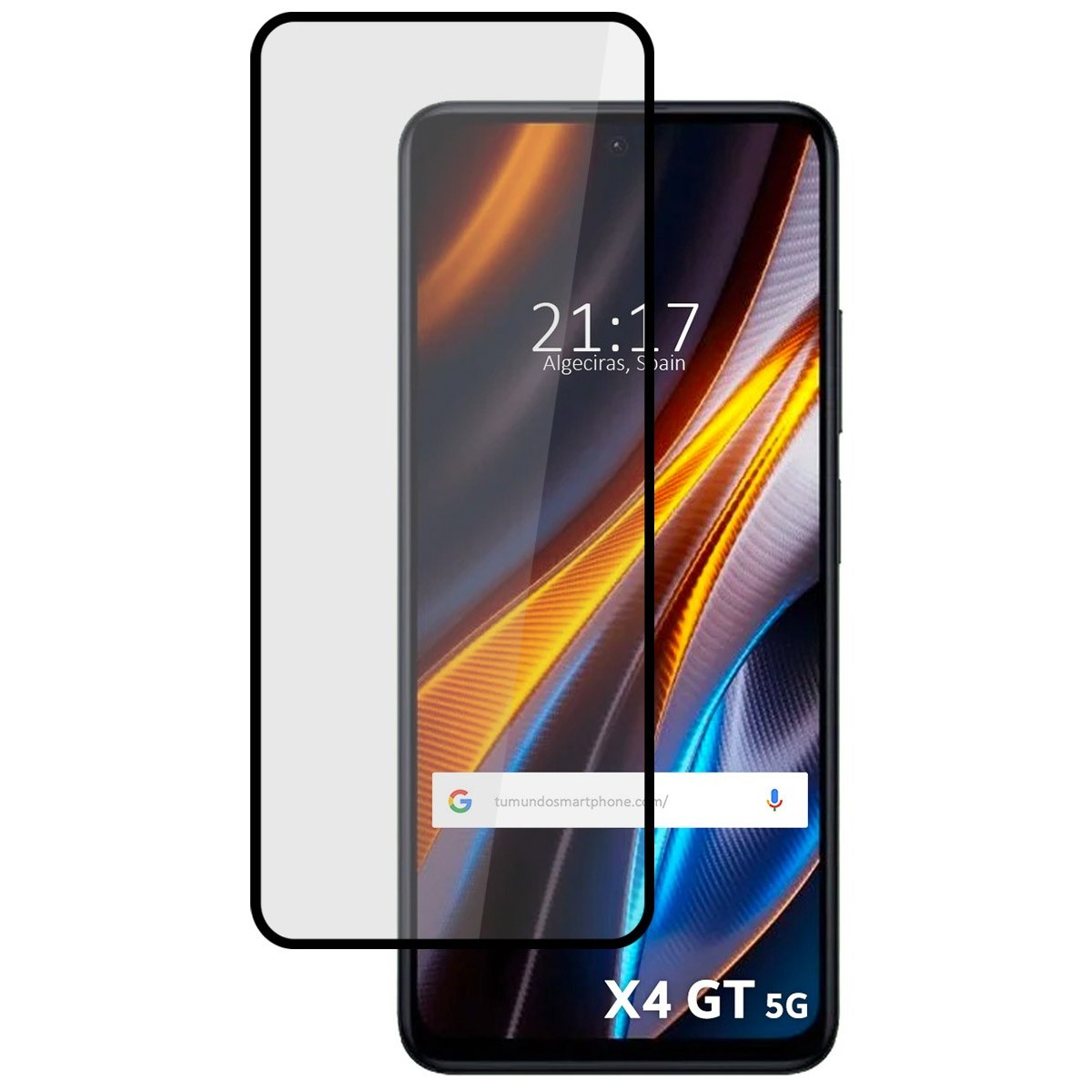Smartphone con protezione schermo. Schermo mostra ora e luogo. Marchio X4 GT 5G visibile.