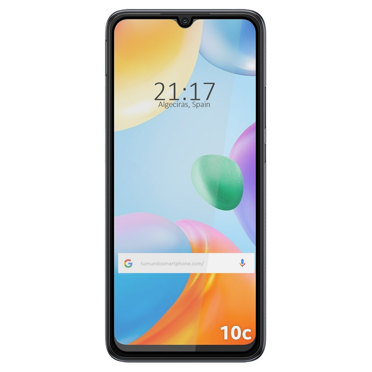 Smartphone che mostra ora, data e testo "10c" sullo schermo. Con tasti laterali.