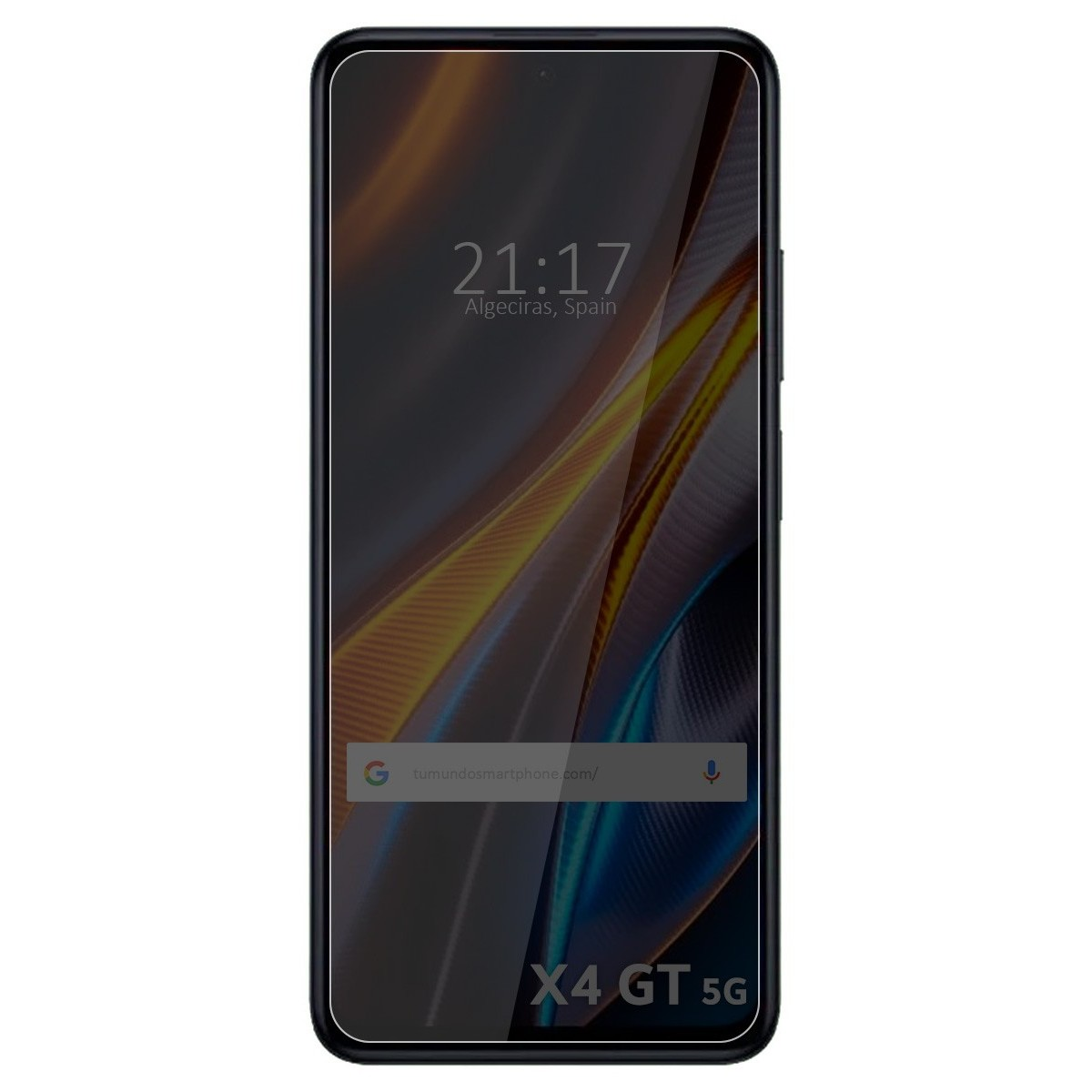 Smartphone con protezione schermo. Il display mostra ora, posizione e un indirizzo web. Sfondo bianco.