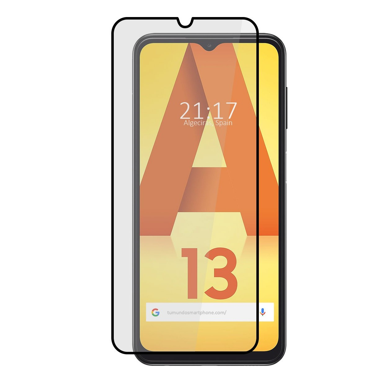 Un smartphone con protector de pantalla. La pantalla muestra una imagen abstracta amarilla y blanca.
