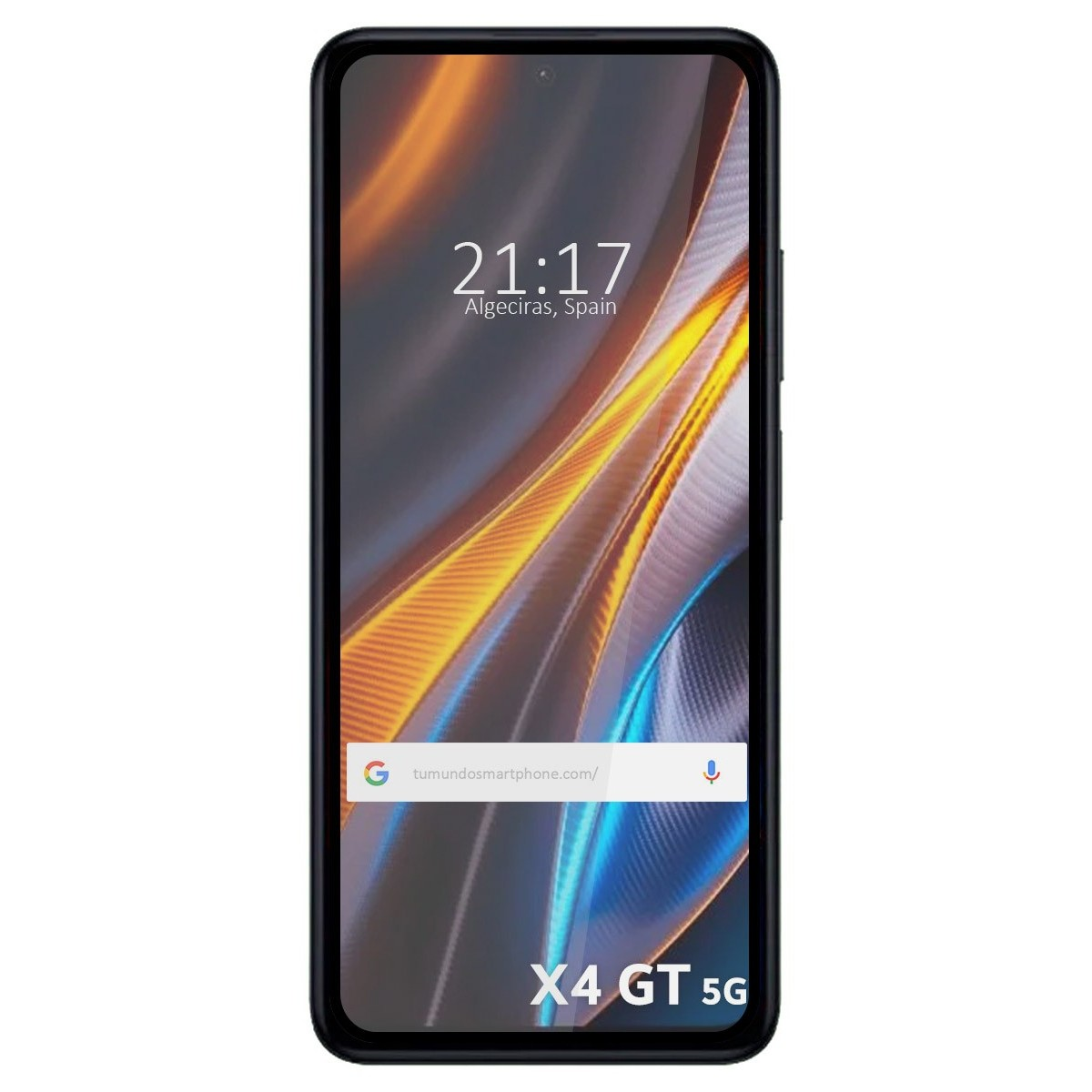 Telefono con ora, data. Il modello è X4 GT 5G. Protezione schermo nera a sinistra.