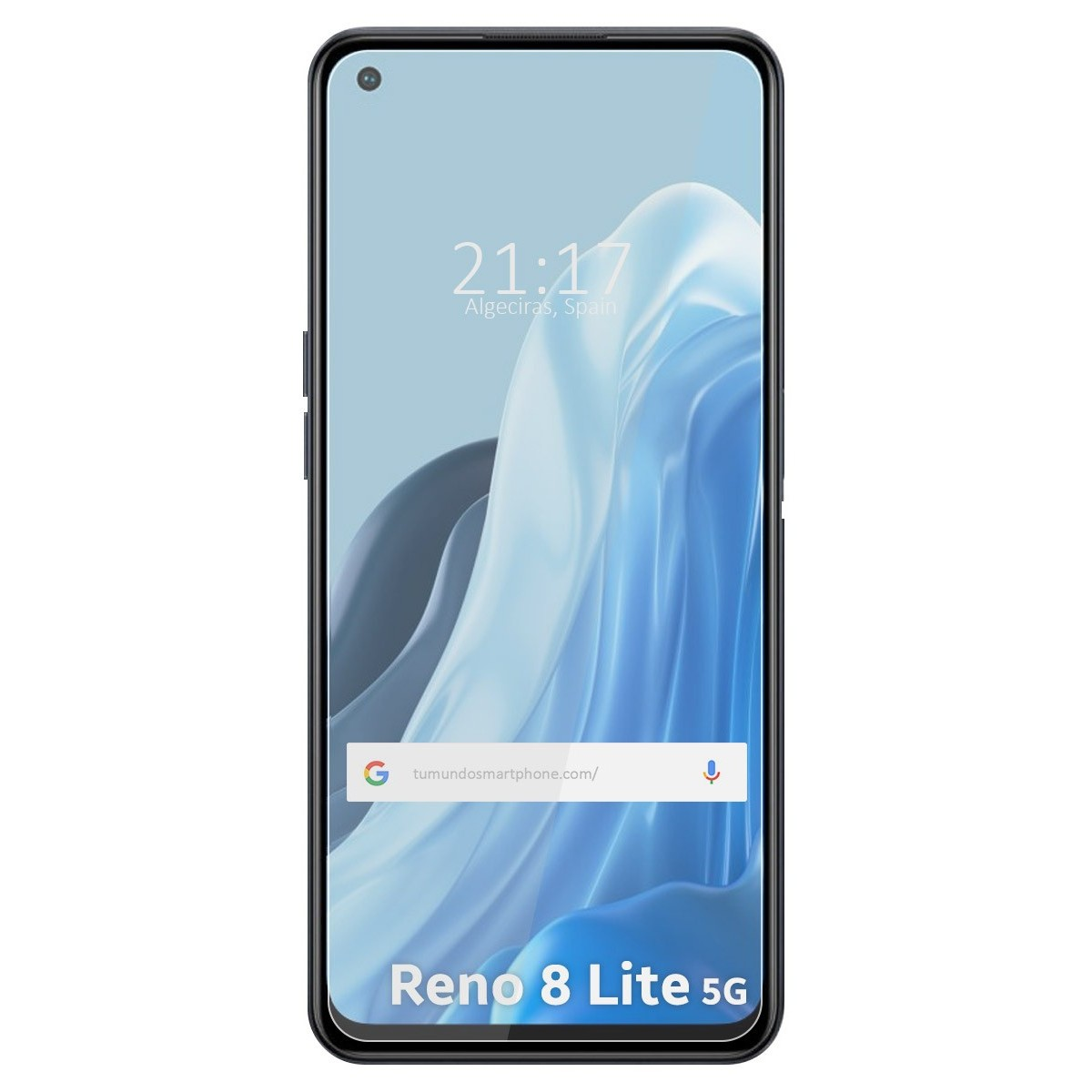 Telefono Reno 8 Lite 5G, mostra 21:17, barra di ricerca Google. Sfondo bianco.